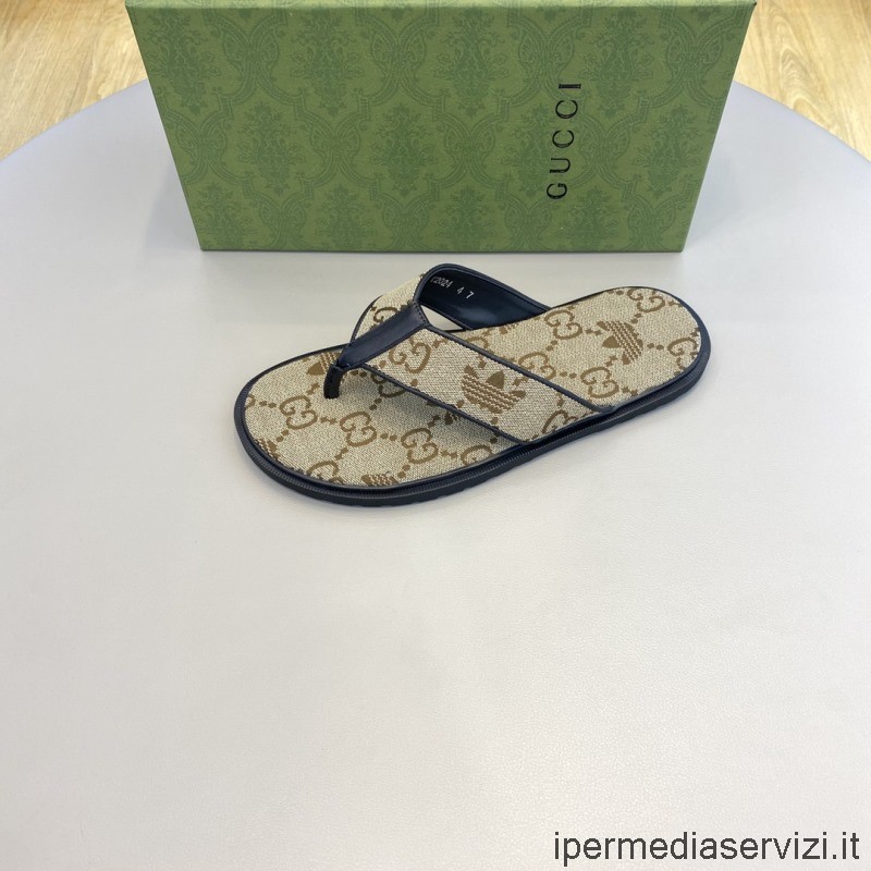 Replica Gucci X Adidas Uomo Infradito Sandalo Con Cinturini In Beige Ed Ebano Originale Gg Tela 38 A 45