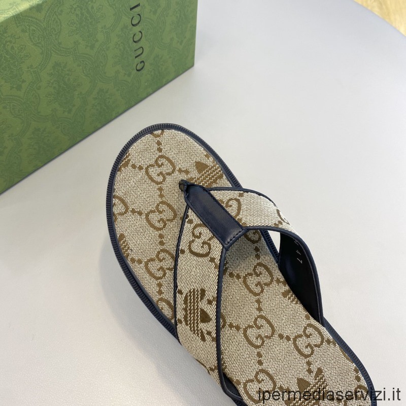 Replica Gucci X Adidas Uomo Infradito Sandalo Con Cinturini In Beige Ed Ebano Originale Gg Tela 38 A 45