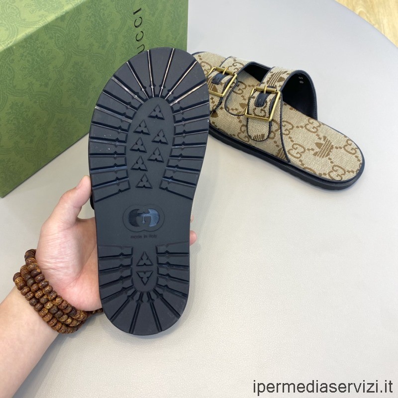 Replica Gucci X Adidas Uomo Sandalo Scorrevole Con Cinturini In Tela Beige Ed Ebano Originale Gg Da 38 A 45