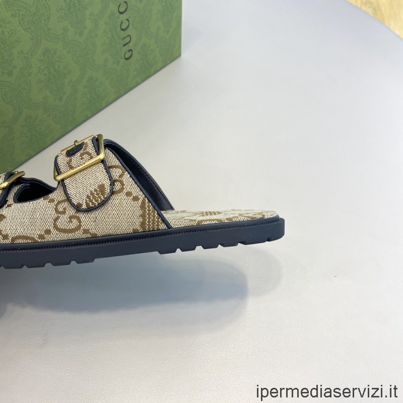 Replica Gucci X Adidas Uomo Sandalo Scorrevole Con Cinturini In Tela Beige Ed Ebano Originale Gg Da 38 A 45