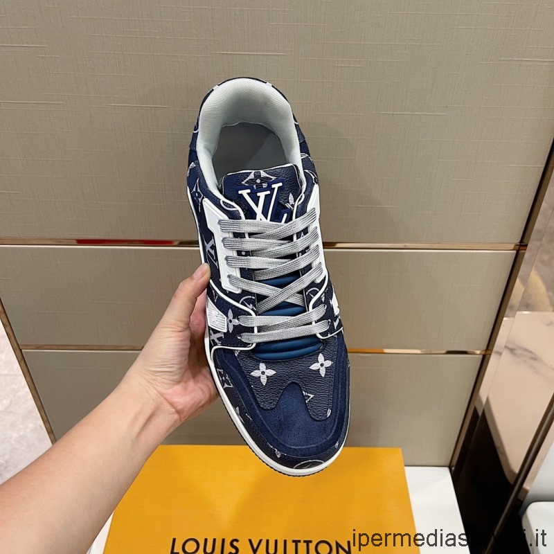 Replica Louis Vuitton Mens Lv Trainer Sneakers Basse In Tela Monogram E Pelle Blu 38 A 45