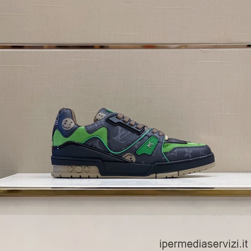 Replica Louis Vuitton Mens Lv Trainer Sneakers Basse In Tela Monogram E Pelle Verde 38 A 45