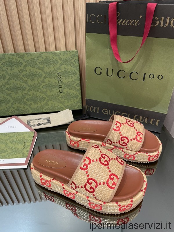 Sandalo Con Plateau Replica Gucci In Gg Rosso E Rafia Beige Da 35 A 43