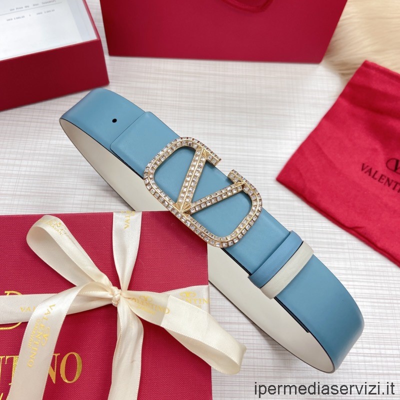 Replica Valentino Reversibile Cristallo Vlogo Firma Blu Cintura In Pelle Bianca 40 Mm