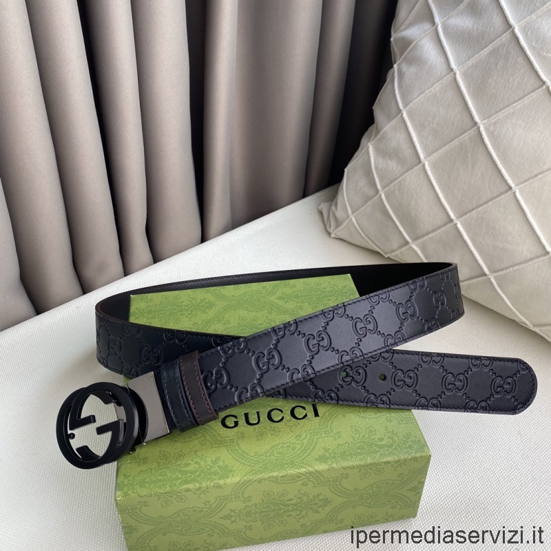 Replika Gucci Interlocking G Spänne Svart Gg Präglat Läder Blet 38mm