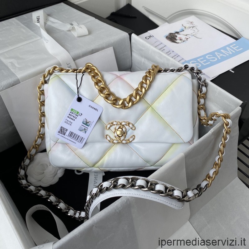 Replika Chanel 2022 Liten Handväska Med 19 Flikar Med Kedja I Vitt Flerfärgstryckt Getskinn As1160 16x26x9cm
