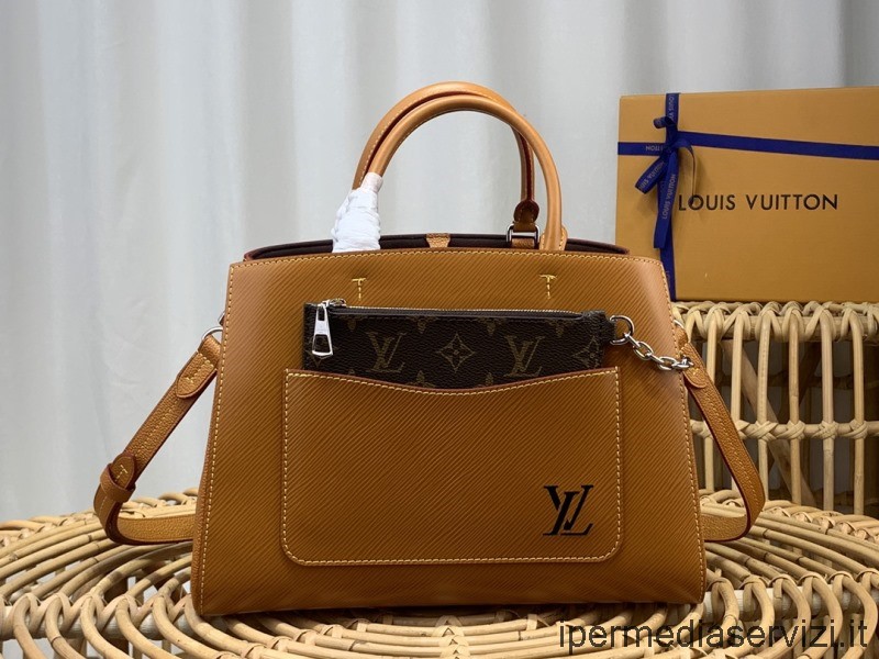 Replika Louis Vuitton Marelle Tote Mm Väska I Guld Miel Brun Epi Grained Kohud Läder M59953 30x21x13cm