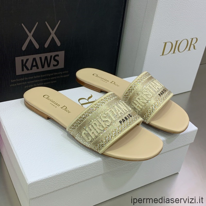 Replica Dior Dway Flat Slide Sandal I Gul Bomull Broderad Med Metalltråd Och Strass 34 Till 43