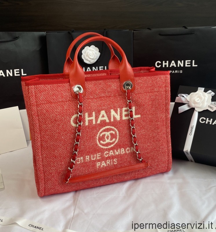 Replika Chanel Stor Deauville Kedja Shopping Axelväska I Röd A66941 38x32x18cm