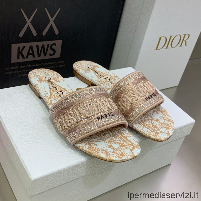 Replica Dior Dway Flat Slide Sandal I Lila Bomull Broderad Med Metalltråd Och Strass 34 Till 43