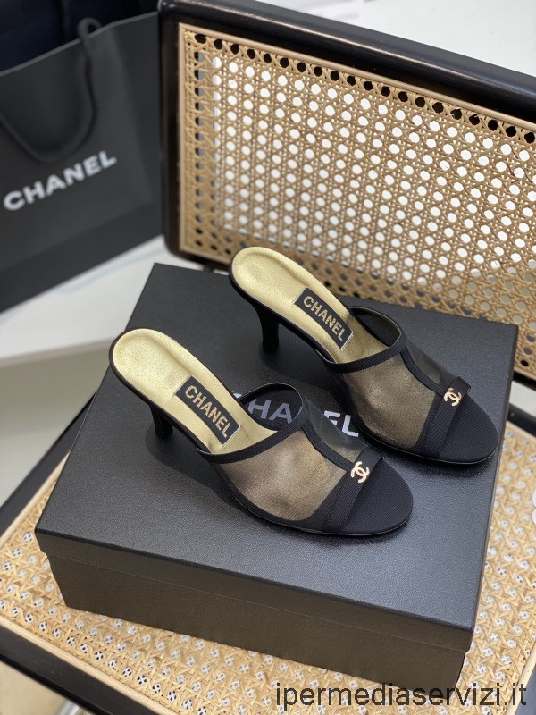 Replika Chanel Cc Logo Svart Teknisk Mesh Klack Sandal 70mm 35 Till 40