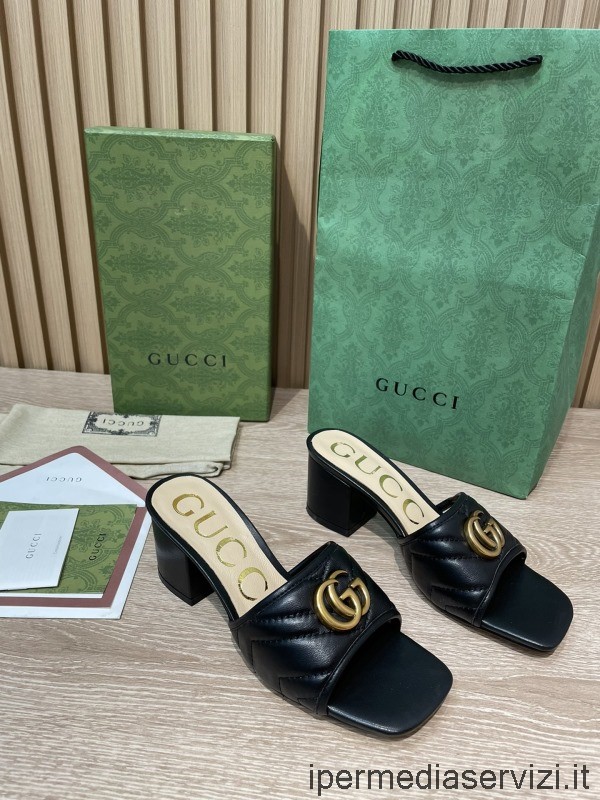 Replika Gucci Dubbel G Svart Matelass Läder Klack Sandal 55mm 35 Till 41