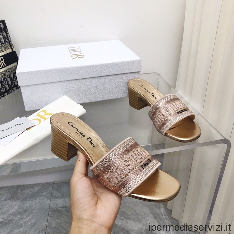 Replica Dior Dway Klack Sandal I Rosa Bomull Broderad Med Metalltråd 35 Till 42