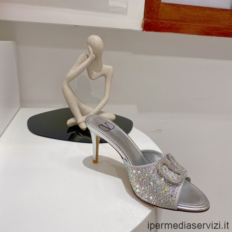 Replica Valentino Crystal Vlogo Klack Sandal I Silver 85mm 35 Till 43