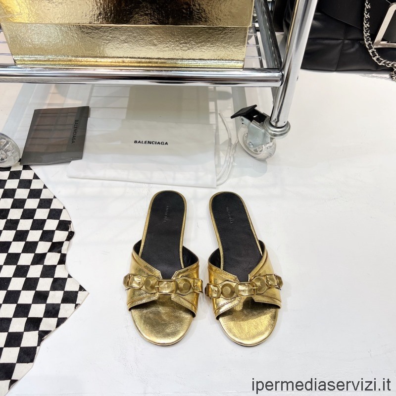 Replika Balenciaga Läder Slides Cagole Dubbade Platt Sandal I Guld 35 Till 41