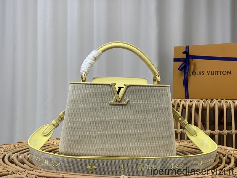 Replika Louis Vuitton Capucines Pm Gul Taurillon Crossbody-väska I Läder Och Canvas Med övre Handtag M59873 31x20x11cm