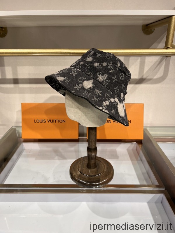 Replika Louis Vuitton Monogram Jeansblått Tyg Bucket Cap Hatt Svart