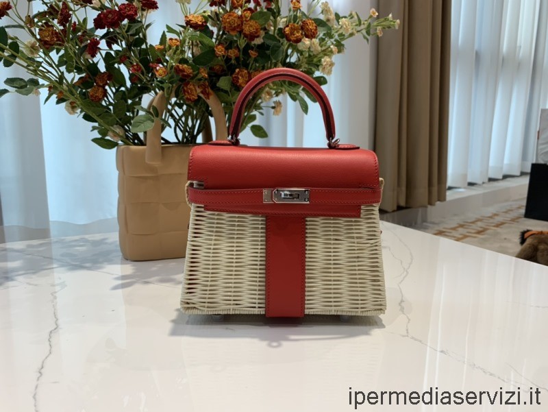Replika Hermes Vip Picknick Säljare Mini Kelly Osier Wicker Rouge Swift Väska Röd