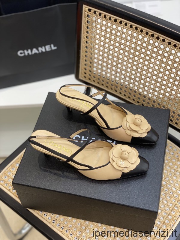 Replika Chanel Beige Camellia Blomma Läder Slingback Pumps 50mm 35 Till 41