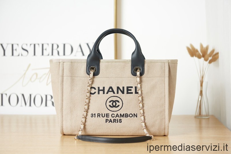 Replika Chanel Stor Deauville Kedja Shopping Axelväska I Beige Svart A66941 38x22x13cm