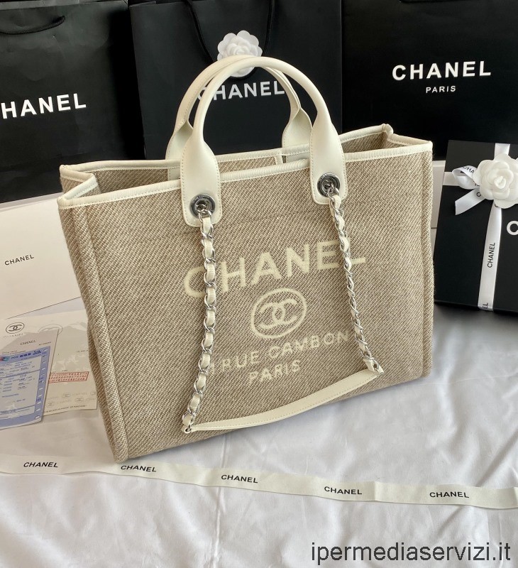 Replika Chanel Stor Deauville Kedja Shopping Axelväska I Grått A66941 38x32x18cm