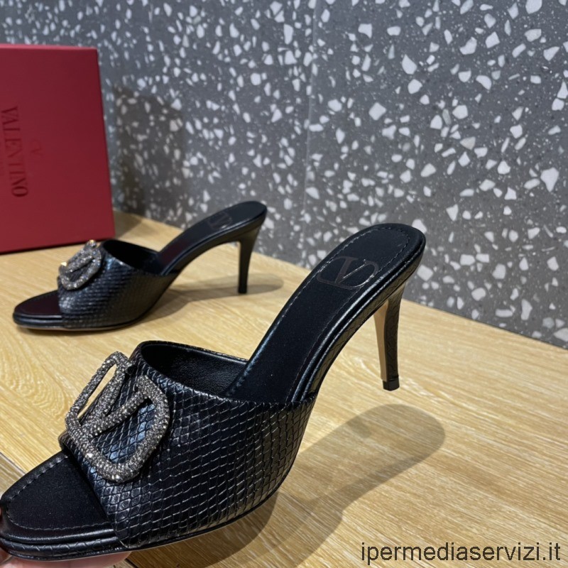 Replica Valentino Crystals Vlogo Klack Sandal I Svart Läder 80mm 35 Till 43
