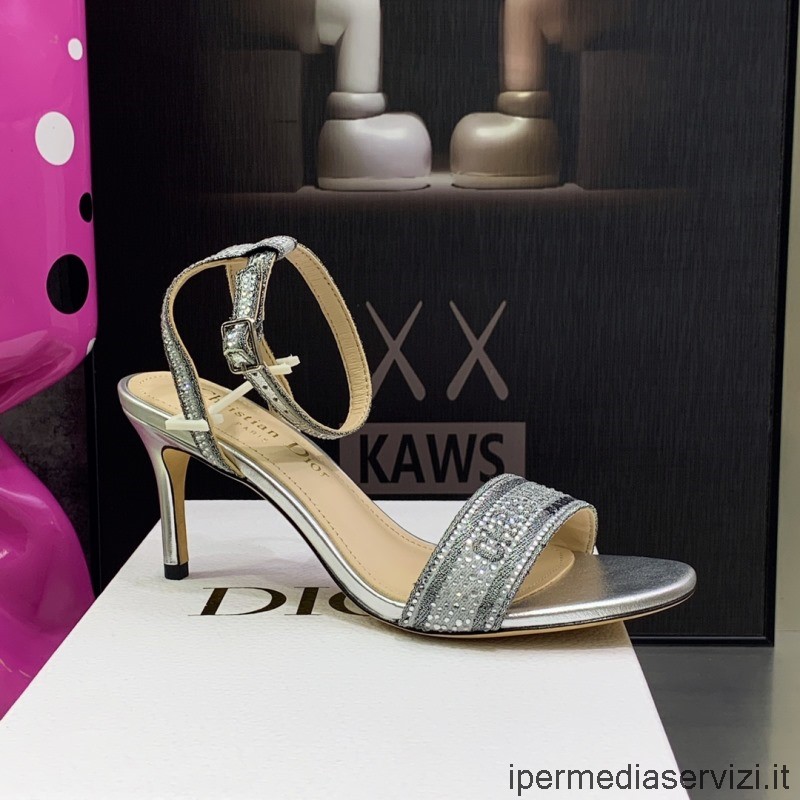 Replica Dior 2022 Dwayklackad Sandal I Silver Bomull Broderad Med Metalltråd Och Strass 75mm 35 Till 44