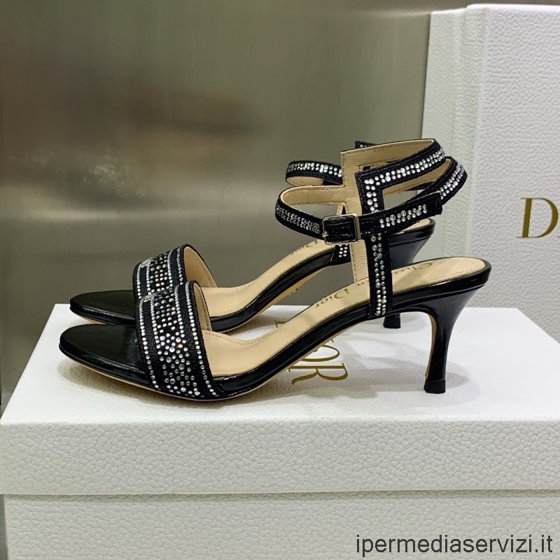Replica Dior 2022 Dwayklackad Sandal I Svart Bomull Broderad Med Metalltråd Och Strass 65mm 35 Till 44