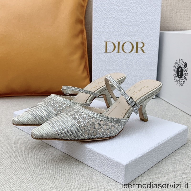 Replica Dior Crystals Klack Capture Mule I Grått Mesh Cannage Broderi 65mm 35 Till 44