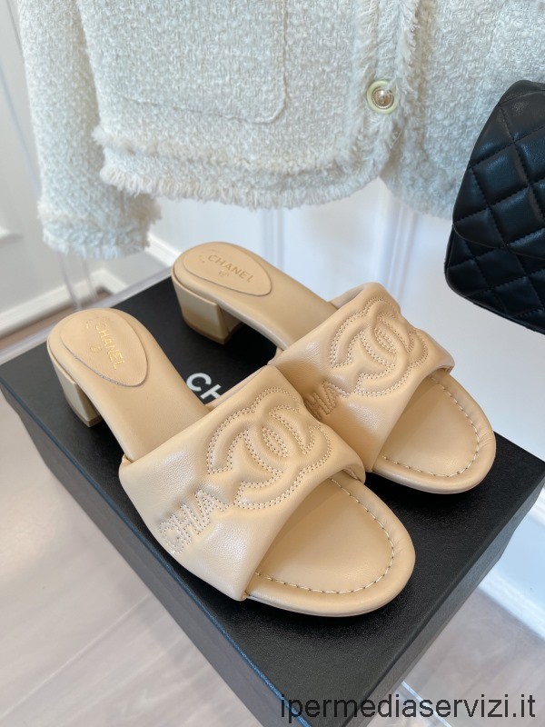 Replika Chanel Cc Broderi Beige Läder Klack Sandal 50mm 35 Till 41