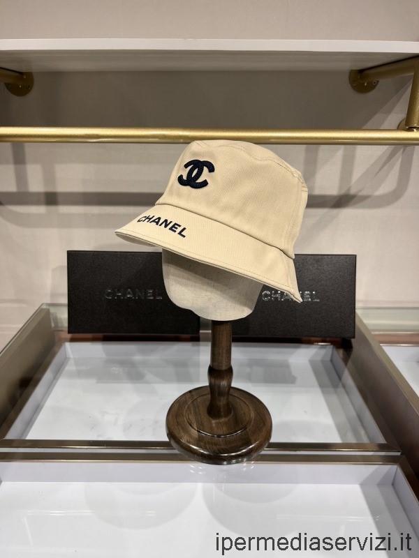 Replika Chanel Cc Logotyp Bomull Bucket Cap Hatt Beige