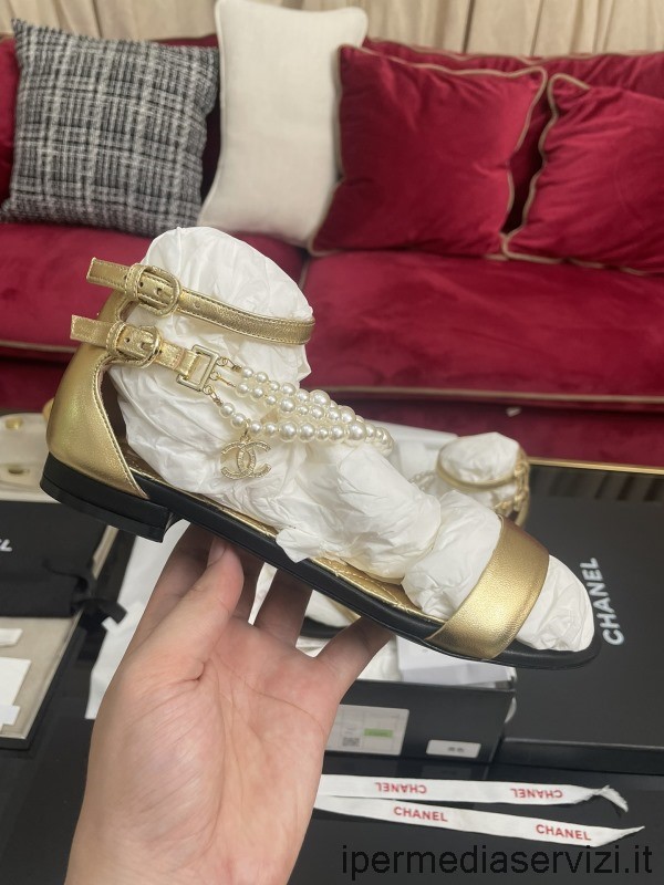 Replika Chanel Cc Pärlor Guld Läder Sandaler 35 Till 40