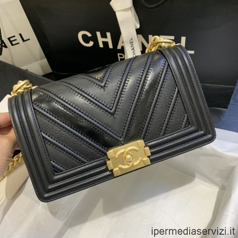 Replika Chanel Leboy Medium Väska Med Lock Med Kedja I Svart Kalvskinn A67086 25cm