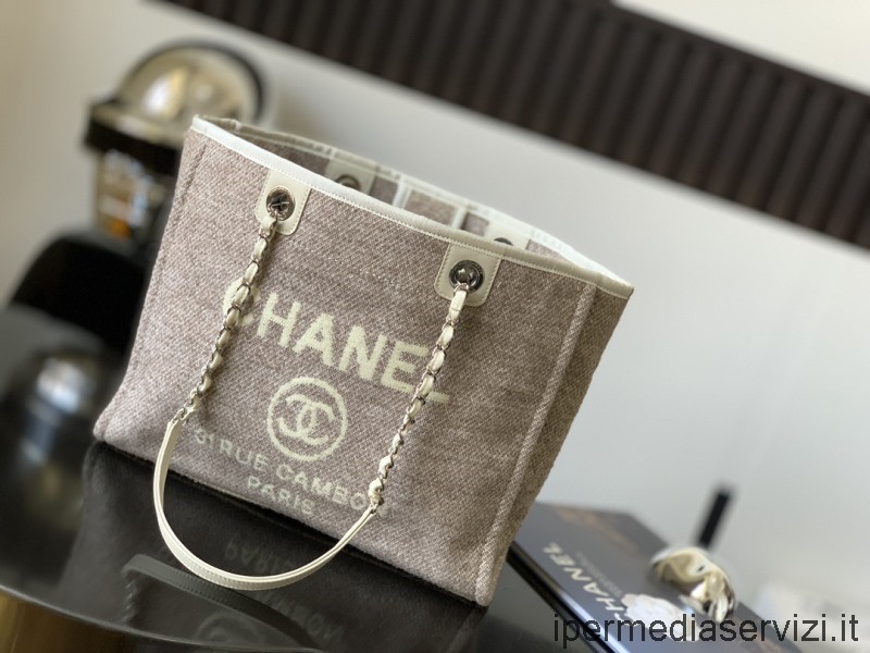 Replika Chanel Medium Deauville Shoppingväska Med Blandade Fibrer I Grå Canvas A66940 34x28x14cm