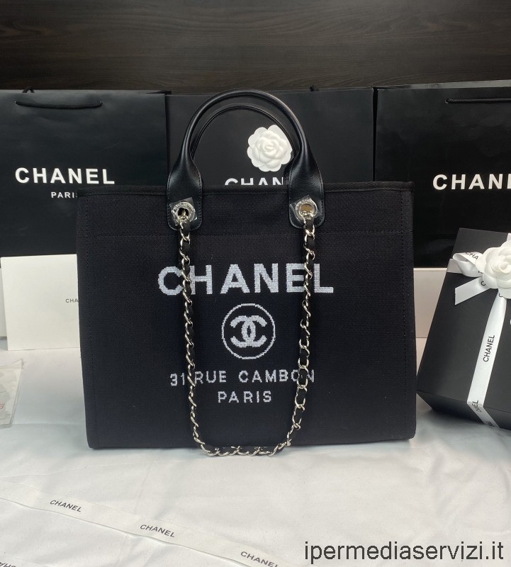 Replika Chanel Stor Deauville Kedja Shopping Axelväska I Svart A66941 38x32x18cm