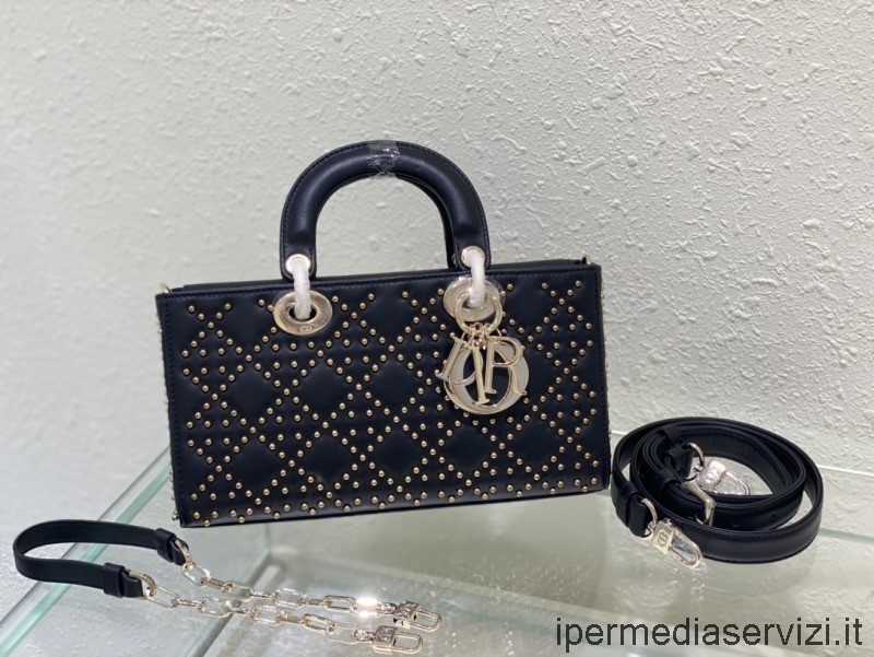Replica Dior Lady D Joy Crossbody-väska Med Pärlor I Svart Cannage Lammskinn Med Pärlbroderi 26x13x5cm