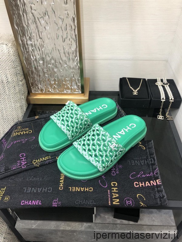 Replika Chanel 2022 Vävda Läder-sandaler I Grönt 35 Till 42