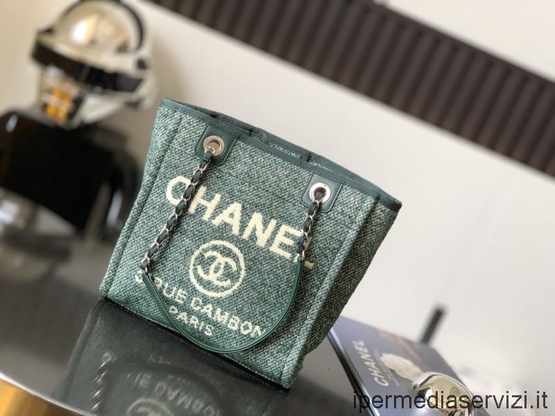 Replika Chanel Liten Deauville Shoppingväska Med Blandade Fibrer I Grön Canvas A66939 26x7x27cm