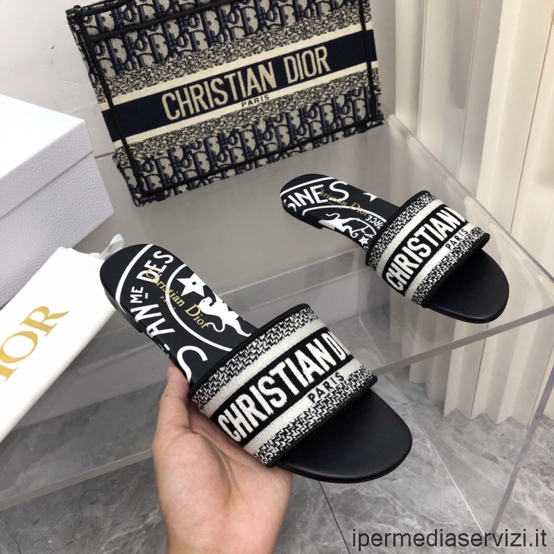 Replika Dior Dway Slide Sandal I Svart Jute Canvas Broderad Med Dior Union Motiv 35 Till 42