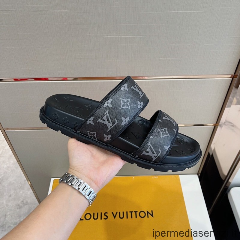 Replika Louis Vuitton Herr Svart Monogram Canvas Slide Mule Sandaler 38 Till 45