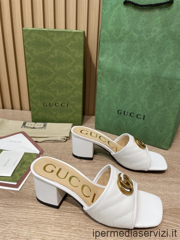 Replika Gucci Dubbel G Vit Matelass Läder Klack Sandal 55mm 35 Till 41