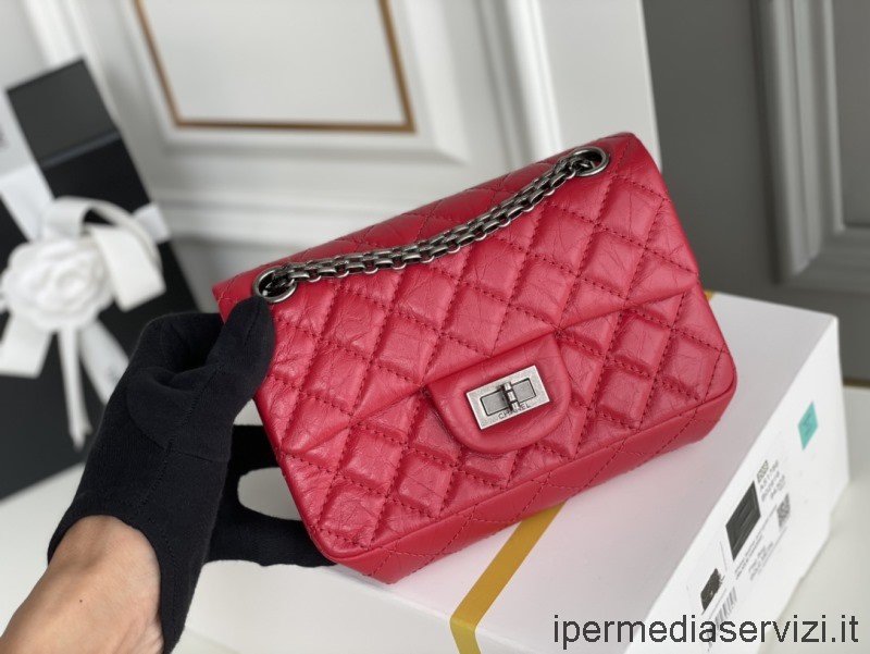 Replica Chanel Ressue 255 Mini Single Flik Bag I Rött Vadderat åldrat Kalvskinn 20cm