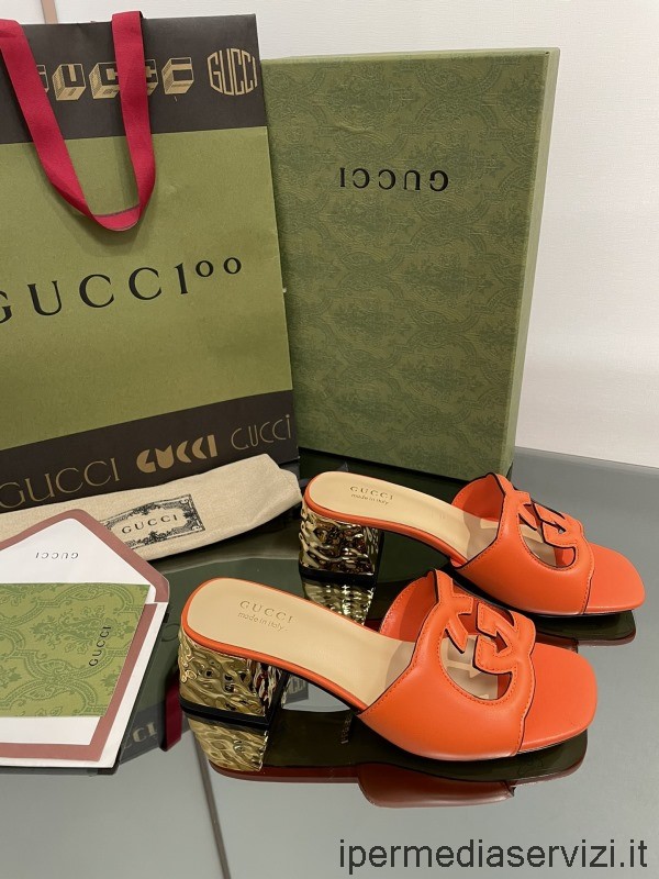 Replica Gucci Dam Interlocking G Utskurna Sandaler Med Klackar I Orange Läder 55 Mm 35 Till 42