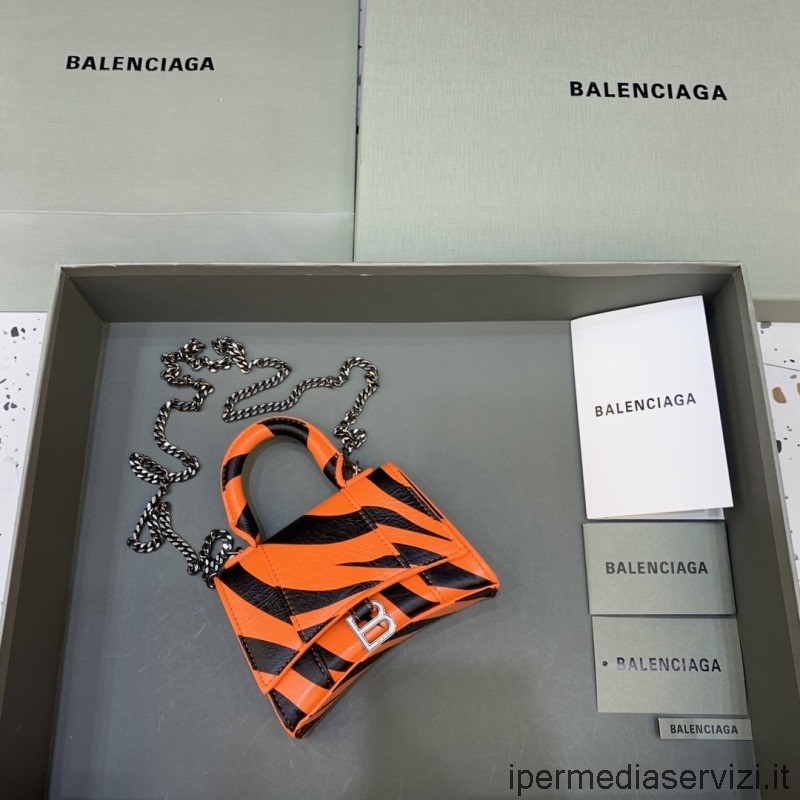 Replika Balenciaga Mini Timglas Handväska Med Kedja I Orange Kalvskinn 11x14x4cm