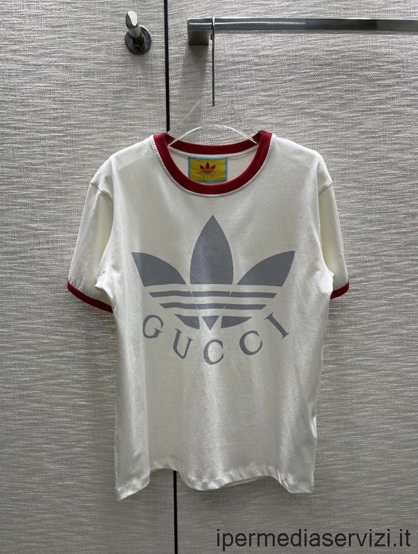 Replika Gucci X Adidas Vit Bomullsjersey T-shirt Med Rund Hals Sml