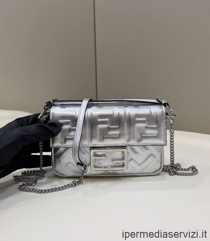 Replika Fendi Baguette Mini Silver Ff Präglad Läderflik Axel Crossbody Väska 0135 19x11x4cm