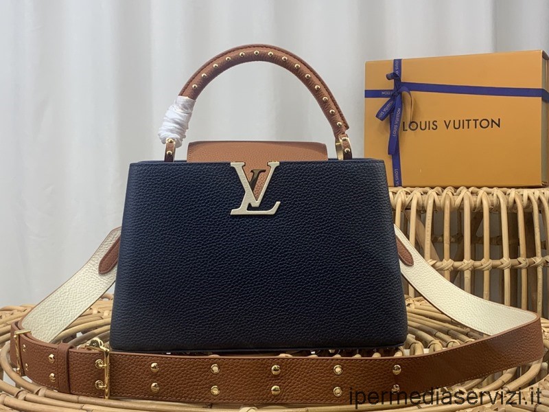 Replika Louis Vuitton Capucines Pm Tote Axelväska Med Nitar I Blått Brunt Läder M58695 M48865 31x20x10cm