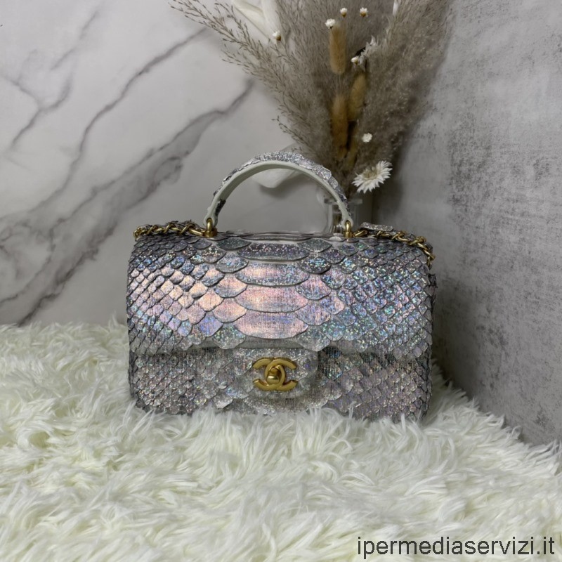 แบบจำลอง Chanel 2022 Mini Flap Bag With Top Handle In Silver Python Skin Leather As2431 13x20x9cm