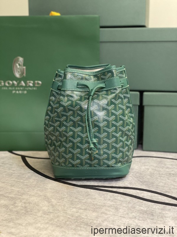 กระเป๋า Goyard จำลอง Petit Flot Drawstring กระเป๋าในผ้าใบ Goyardine สีเขียวและหนัง 15x17x23cm