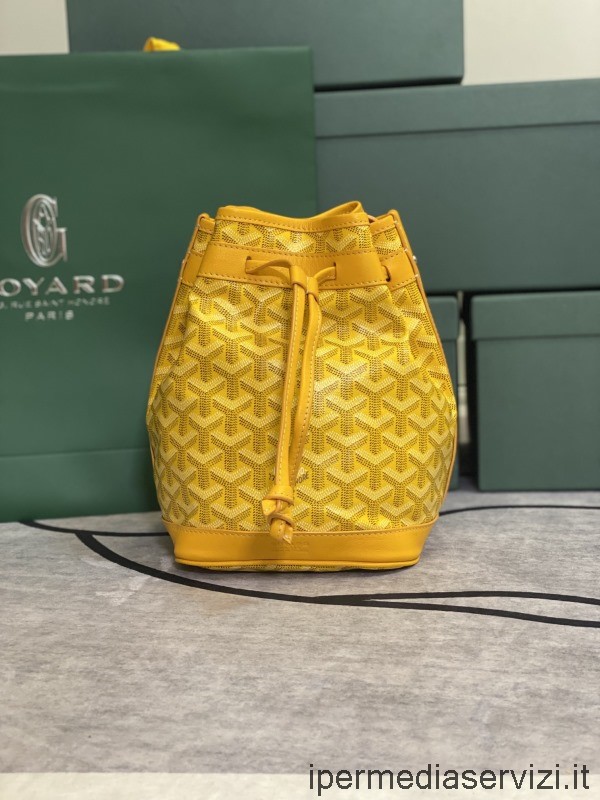 กระเป๋า Goyard จำลอง Petit Flot Drawstring กระเป๋าในผ้าใบ Goyardine สีเหลืองและหนัง 15x17x23cm
